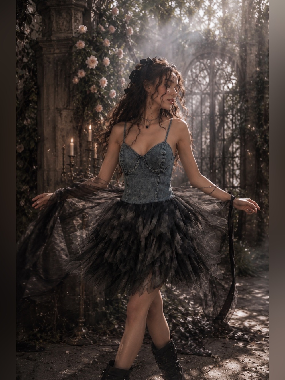 Gothic Fairycore Tulle Corset Mini Dress Black Gray Party Dress M